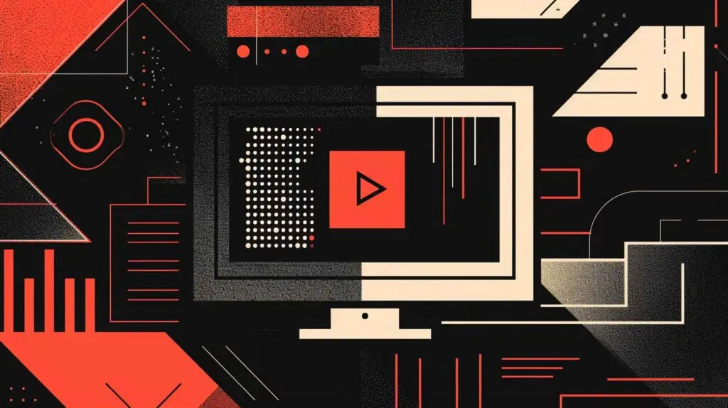 An abstract illustration of a computer with a play button in the center of the screen